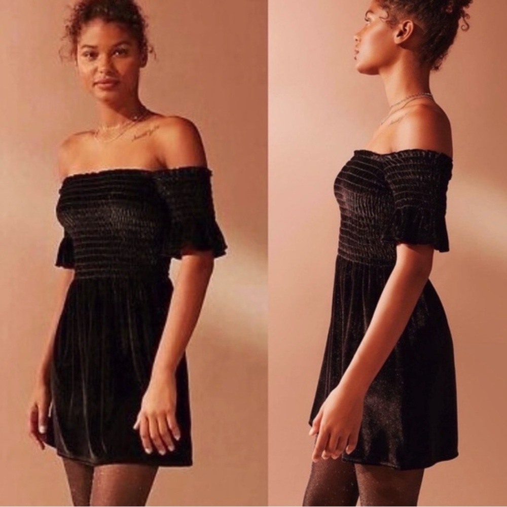 Urban Outfitters Clara Off-The-Shoulder Smocked Velvet Dress